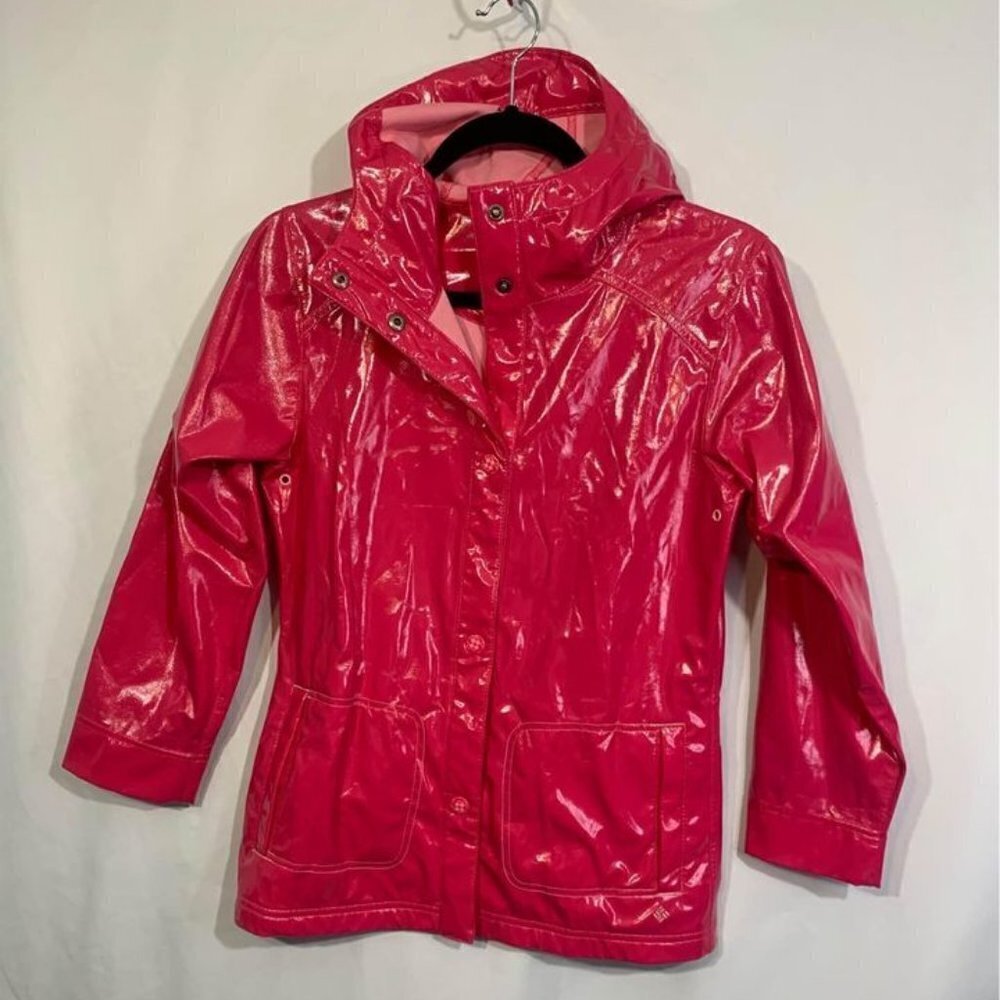 COLUMBIA girls hot pink raincoat. Hooded. Pockets. Size 10/12. New condition.